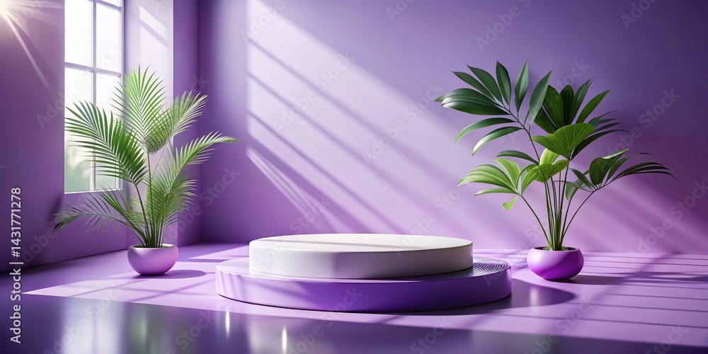 Obraz premium Minimalist Purple Podium Cosmetic Product Presentation - Natural Leaf Platform & Window Light