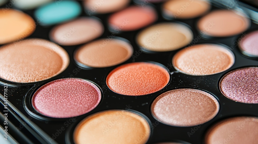 A close-up view of a makeup palette featuring various shades of eyeshadow in warm tones and shimmering finishes. A close-up view of a makeup palette featuring various shades of eyeshadow in warm tones and shimmering finishes.