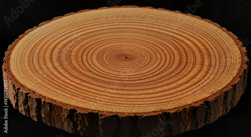 Wooden tree stump with intricate rings on a black background
