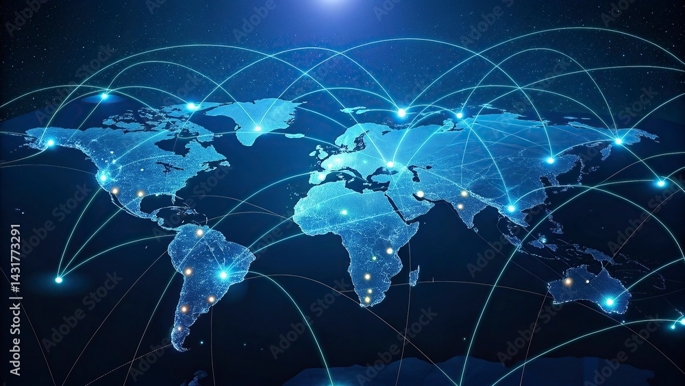 Global network connection over the world. Internet Concept of global business.World map with glowing lines on dark background. Network and communication concept. 3D Rendering Global network connection over the world. Internet Concept of global business.World map with glowing lines on dark background. Network and communication concept. 3D Rendering