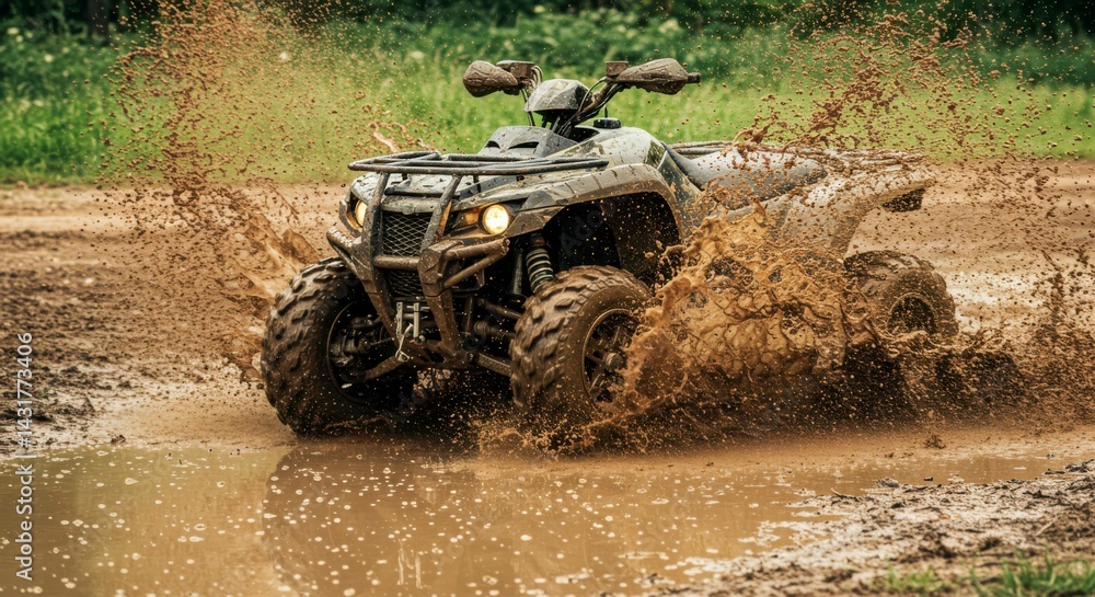 Fototapeta premium ATV splashing through muddy puddle