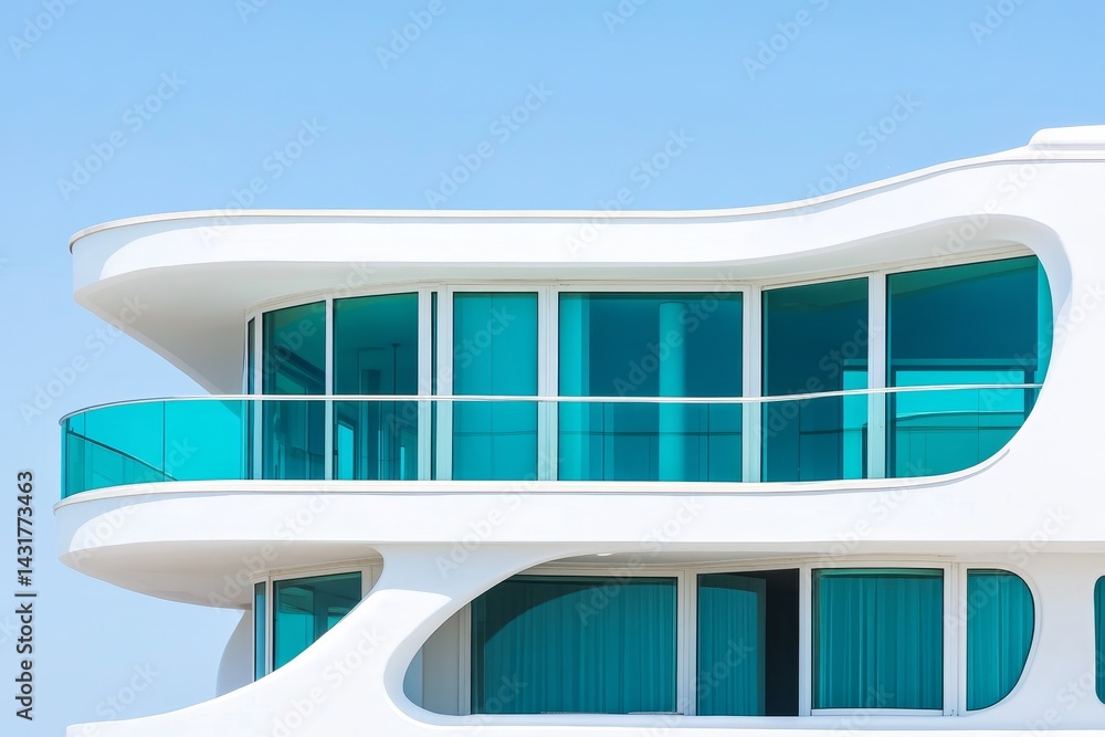 Obraz premium Modern architectural facade with turquoise windows and smooth curves.