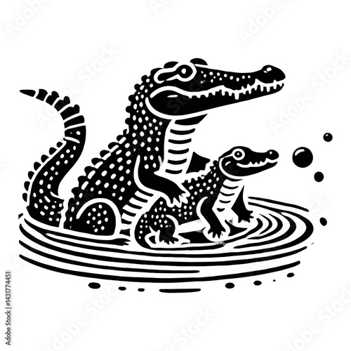 Crocodile and Hatchling – Motherly Bond in Shallow Waters