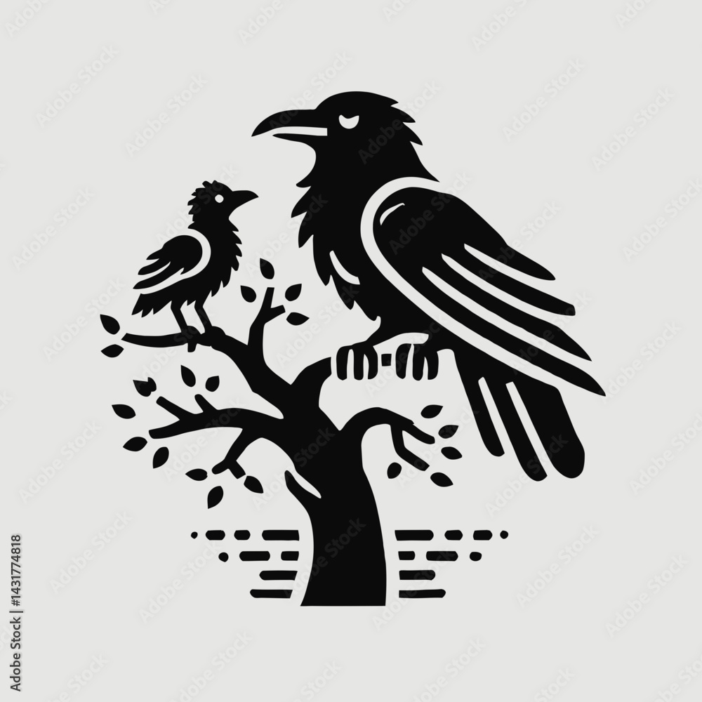 Naklejka premium Crow and Fledgling Perched on a Tree