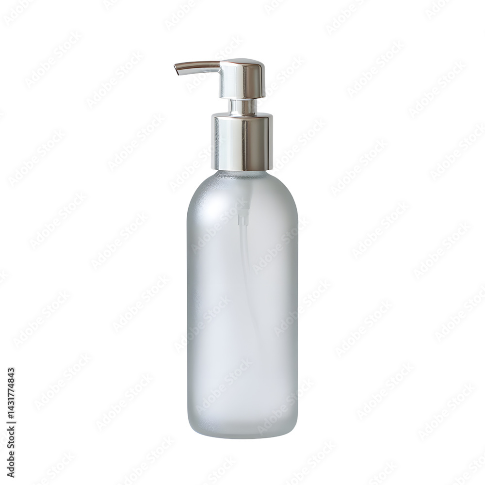 Elegant frosted glass bottle with a sleek pump, ideal for skincare products, set against a minimalist white background Elegant frosted glass bottle with a sleek pump, ideal for skincare products, set against a minimalist white background