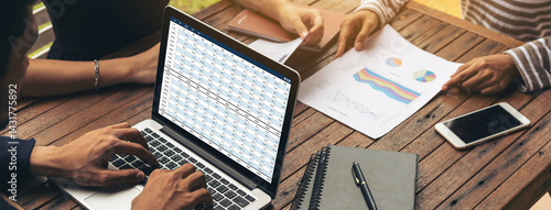 Photos Accounting software on computer screen showing financial statement spreadsheets