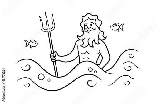 Cartoon neptune illustration greek god of the sea with trident in ocean waters and fishes