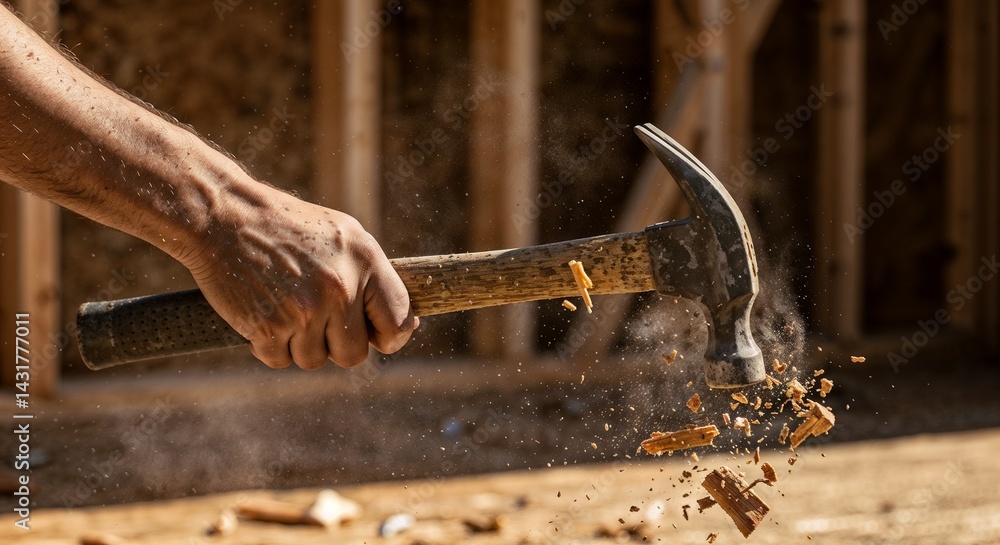 Manual laborer using hammer on wood, energetic action on construction site background