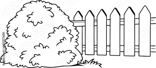 Cartoon Bush And Wooden Fence Line Art Illustration Black And White