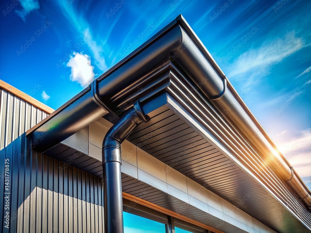 Naklejka premium Modern Black Gutters on Modern Building Sunny Sky - Architectural Detail Stock Photo