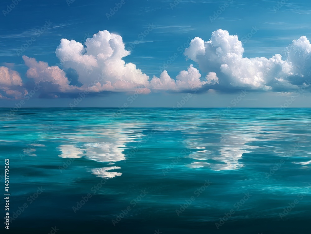 Obraz premium Calm ocean reflecting beautiful cumulus clouds in a sunny day