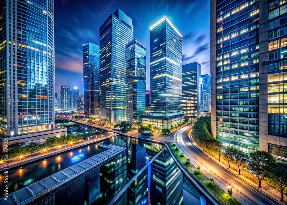 Fototapeta premium Modern Business District Skyscrapers at Night - Stunning City Architecture Photography