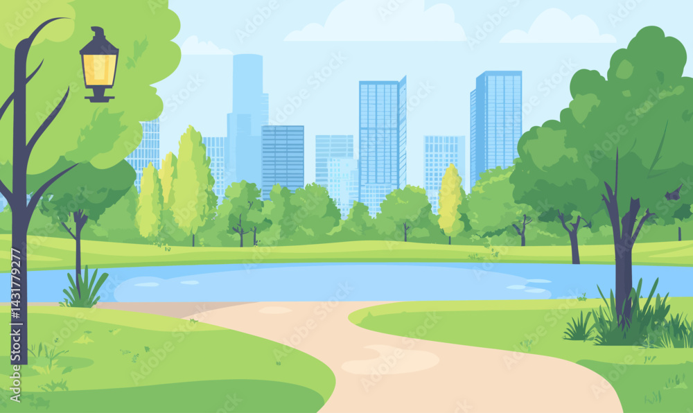 Obraz premium Urban Park Scene with Greenery, Pathway, Lantern, River, and City Skyline