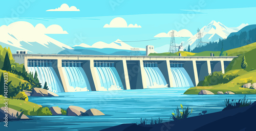 Minimalist Cartoon River Landscape with Hydroelectric Dam and Eco-friendly Energy