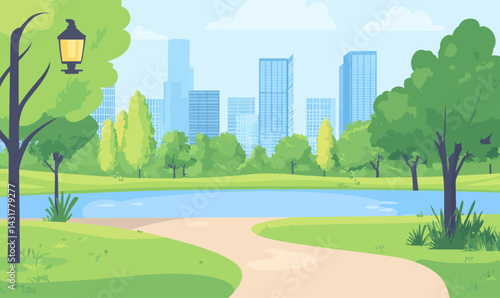 Urban Park Scene with Greenery, Pathway, Lantern, River, and City Skyline