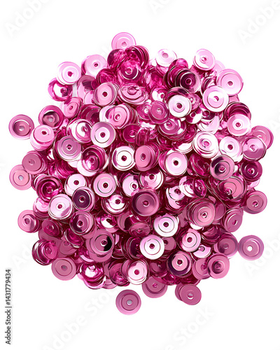 Pink sequins scattered pile close up view shiny craft supplies