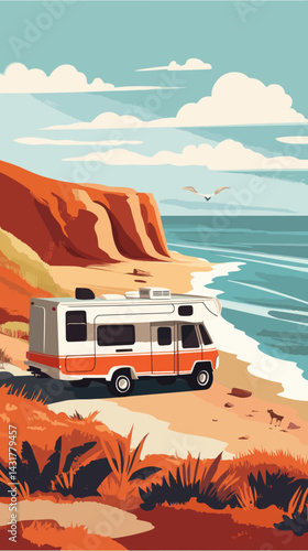 Retro RV Coastline Road Trip Nazaré Portugal Seaside Adventure Vector Illustration