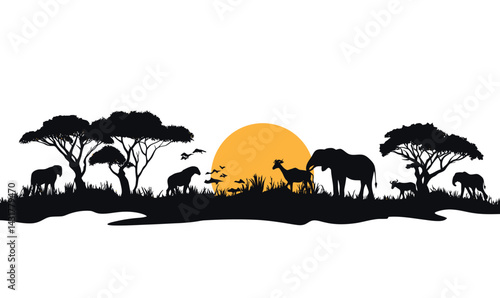 African Safari Silhouette with Wildlife and Sun in Savanna Landscape Panorama