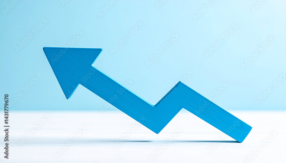 Blue wooden arrow pointing upwards, light background. Business and market growth concept. Blue wooden arrow pointing upwards, light background. Business and market growth concept.