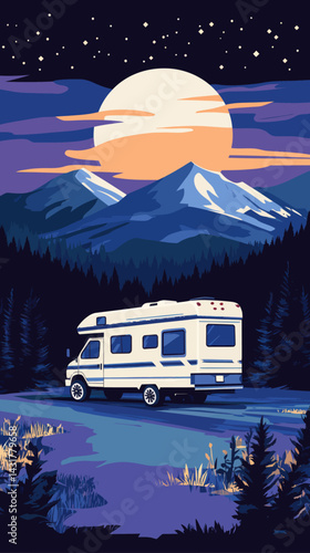 Scenic RV Motorhome Travel Poster: Night Mountain Adventure
