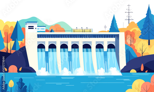 Minimalist Cartoon Hydroelectric Dam in River Landscape for Renewable Energy Concepts