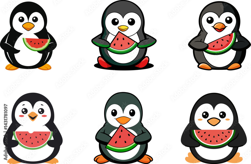Fototapeta premium Cute penguin cartoon characters eating watermelon vector illustration elements set