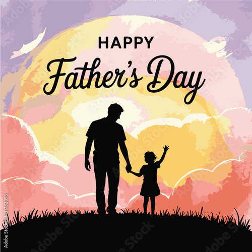 Silhouette father and daughter walking happy fathers day illustration vector