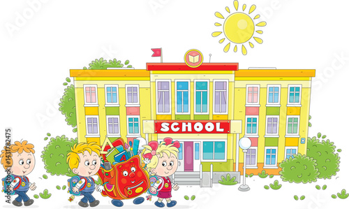 Happy little schoolboys, schoolgirl and cartoony Schoolbag merrily talking and going to school to the start of classes, vector cartoon illustration on a white background