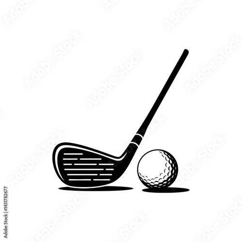 A black illustration depicts a golf club next to a golf ball, both casting shadows on the ground.