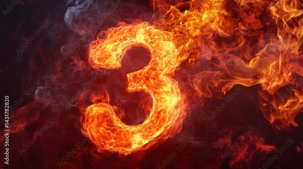 Fototapeta premium Fiery number three, inferno background, abstract design