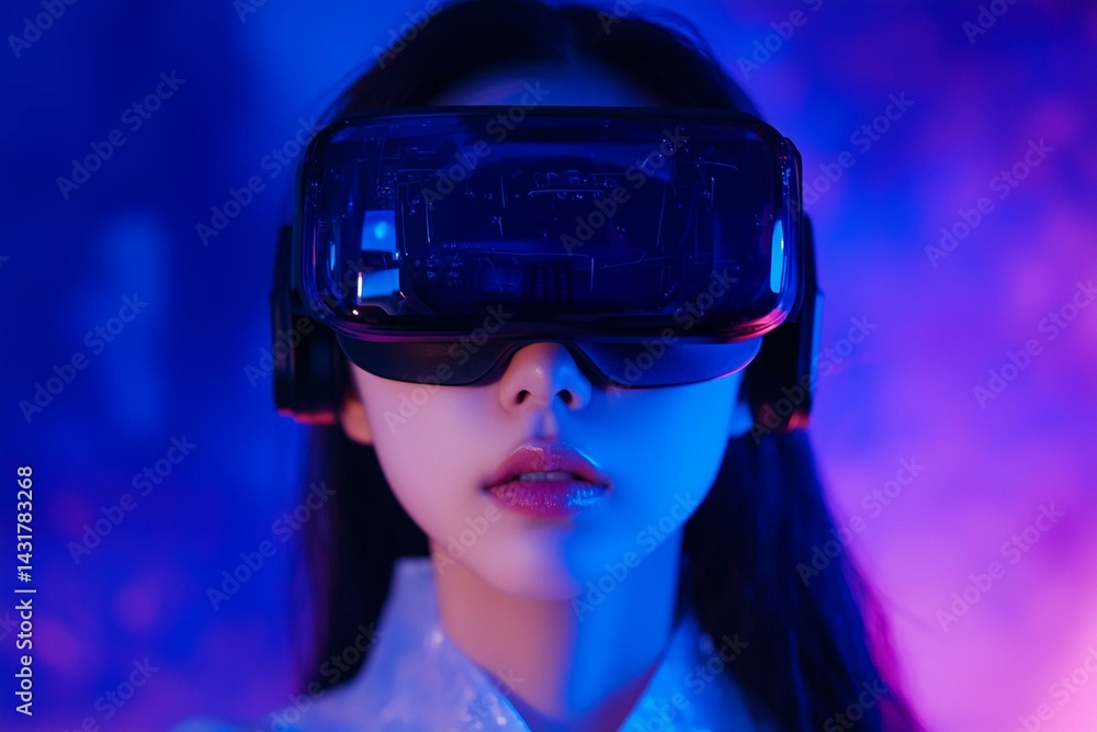 Visual reality concept.Young Asian woman using Visual reality or VR headset.Woman getting experience using VR-headset glasses