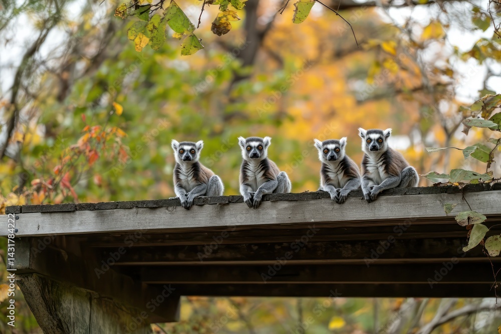 Naklejka premium Ringtailed Lemurs on Autumn Roof.