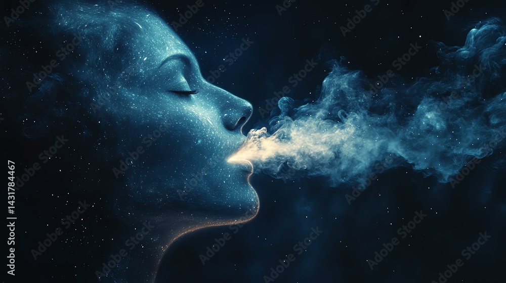 Fototapeta premium Cosmic breath woman exhaling stars, cosmic breath woman exhaling stars in surreal concept art. Woman exhaling smoke in a dark environment.