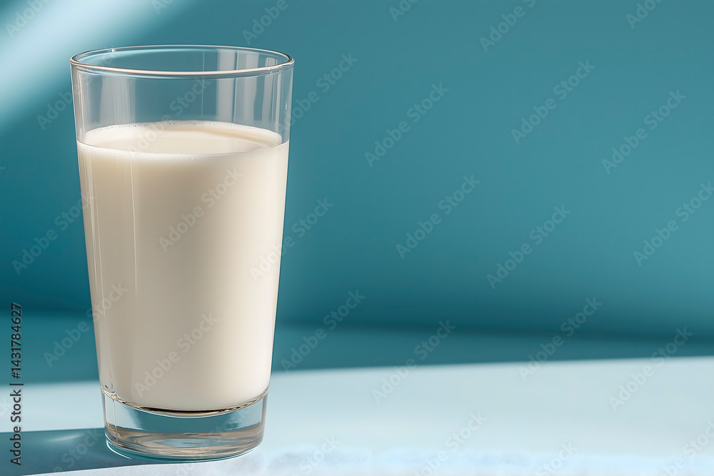 Glass of milk casting a shadow on a light blue surface Glass of milk casting a shadow on a light blue surface
