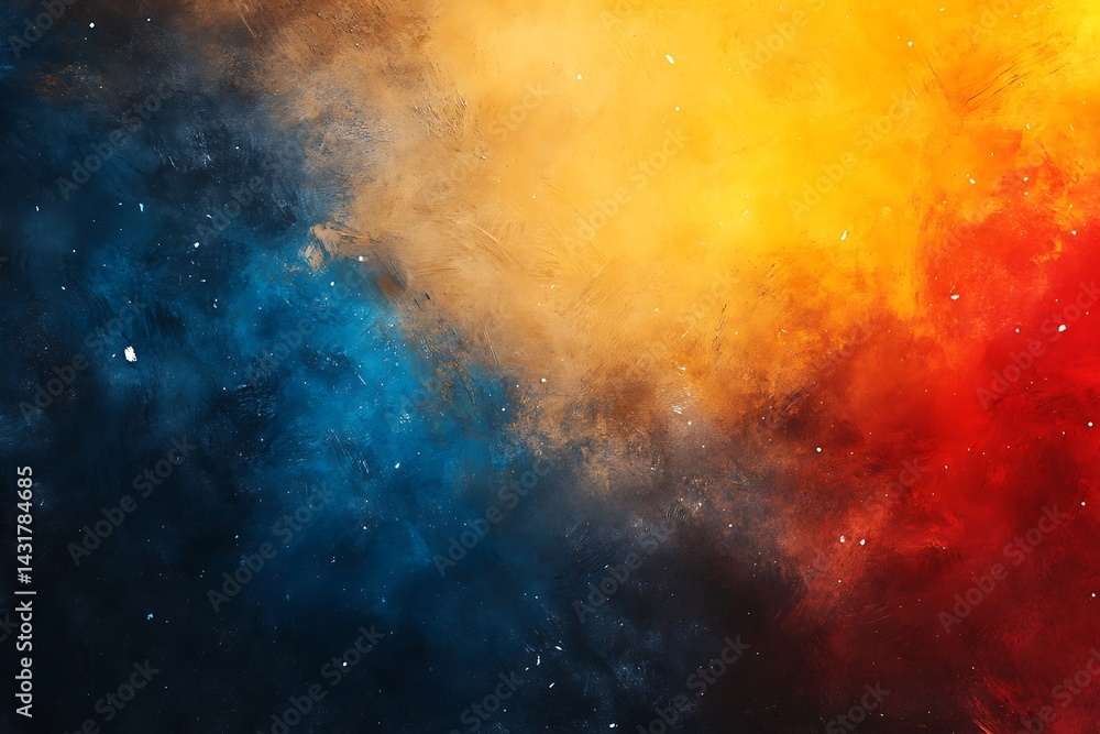 Naklejka premium Abstract cosmic background with fiery orange, red, and blue clouds and glowing particles
