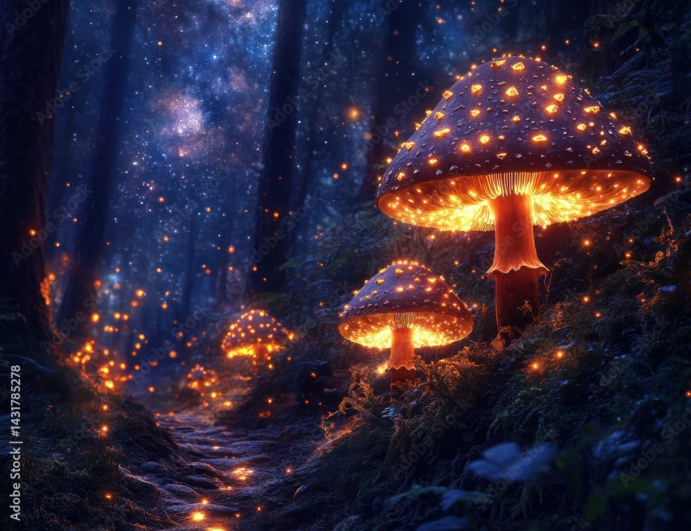 Glowing Mushrooms with Enchanted Forest Path.