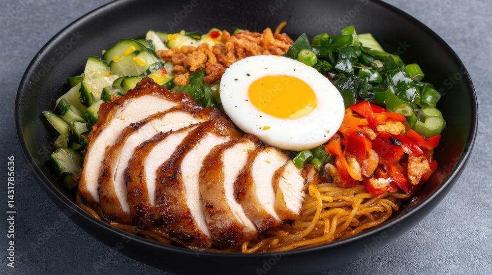 Delicious bowl of noodles topped with grilled chicken, egg, and fresh vegetables, served elegantly Delicious bowl of noodles topped with grilled chicken, egg, and fresh vegetables, served elegantly