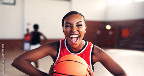 Canvas Print Basketball, athlete or happy woman screaming for victory, sports fitness or confidence in portrait or competition