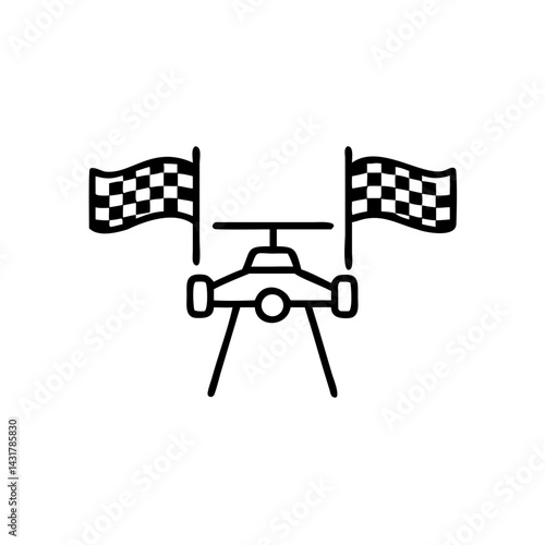 FPV drone crossing finish line icon, minimal style, racing theme