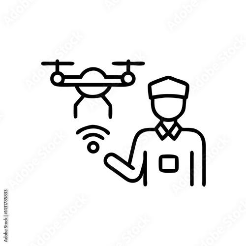 Line art of drone pilot operating quadcopter with remote, minimal black and white