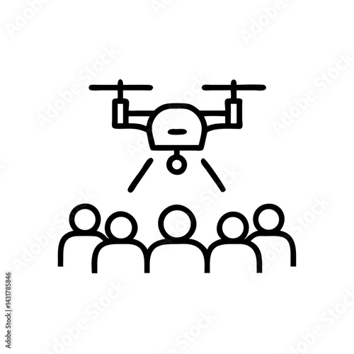 Spectators watching drone race, minimal black and white icon
