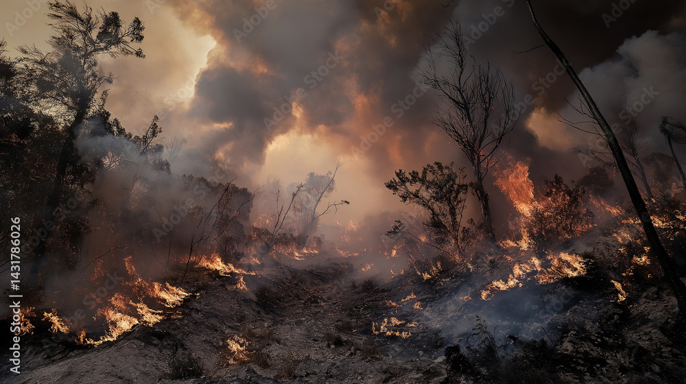 Obraz premium Burning forest with smoke and orange glow