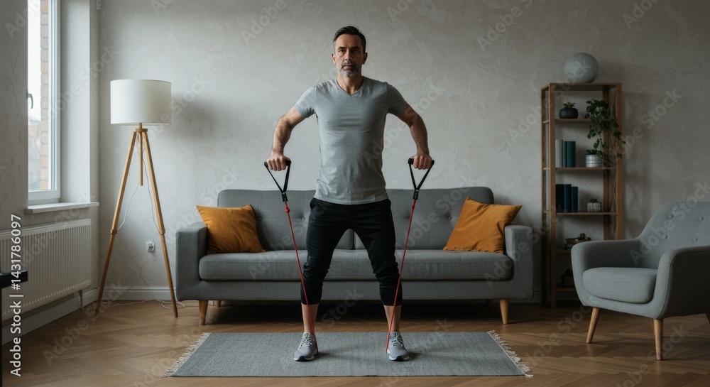 A mid-30s man working out at home using resistance bands. Living room setting with modern minimalist furniture, focus on convenience and strength. A mid-30s man working out at home using resistance bands. Living room setting with modern minimalist furniture, focus on convenience and strength.