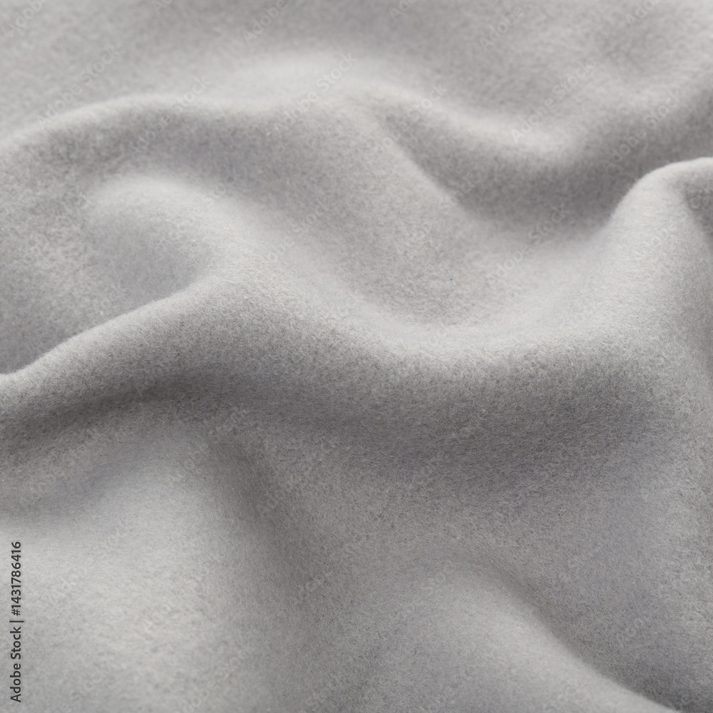 Fototapeta premium Fleece fabric texture with wave gray color. Crumpled fabric grey background. Textile luxury textured macro close-up studio shot above at angle