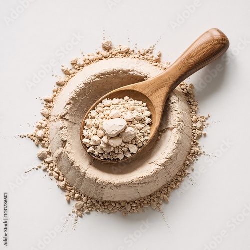 Organic Acacia Fiber Powder with Natural Wooden Spoon Isolated on White Background – Dietary Supplement for Gut Health and Digestion