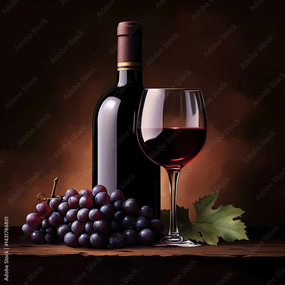 Obraz premium Luxurious red wine bottle with grapes and elegant wine glass on table