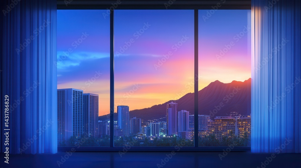 Stunning sunset view from a modern apartment overlooking a vibrant city skyline and mountains