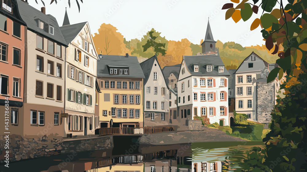 Fototapeta premium Illustration, picturesque village of Monschau near eifel mountains in Germany. Beautiful touristic must-see city, wonderful must-see tourist destination in Europe. Half-timbered houses , charming vill
