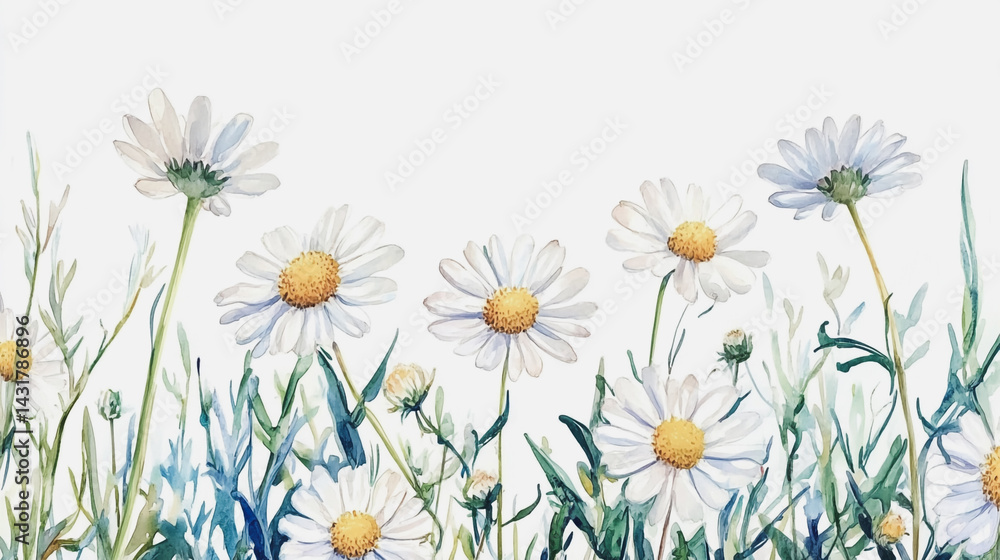 Fototapeta premium Elegant wedding invitation card background . Minimal hand painted watercolor Chamomile flowers texture template background. Design for wedding, vip cover, poster, rsvp moderncard.Valentine's Day