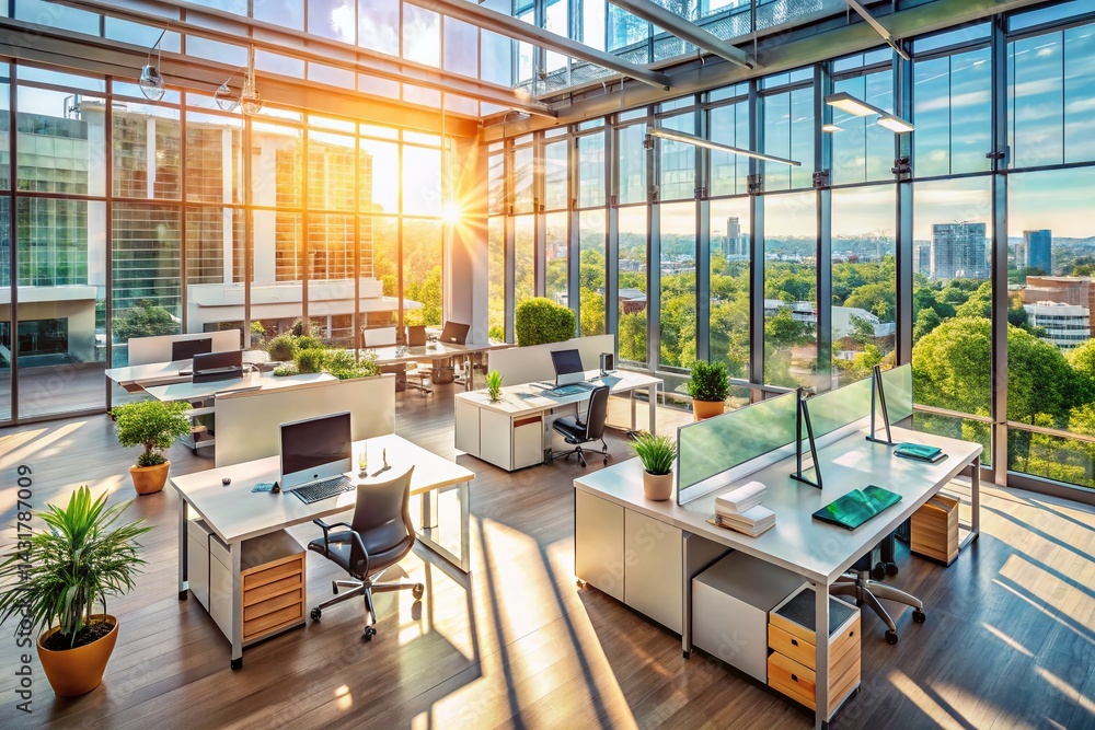 © Adisorn - Modern Office Interior: Sunlight Streaming Through Glass Wall - Aerial View
